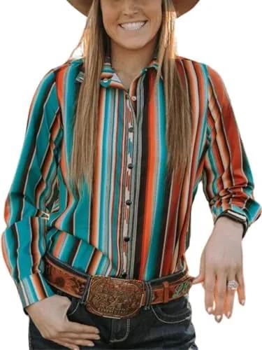 bellesumyee womens retro aztec pearl snap shirts lapel button up blouse long sleeve cowgirl ethnic print rodeo western tops0002 rainbow m