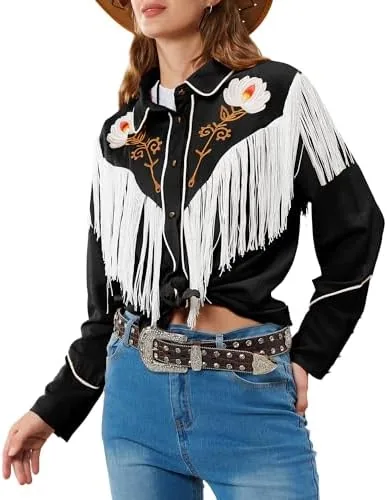 john moon women floral fringe western shirt shotgun black